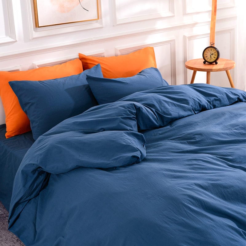 NEXHOME PRO Duvet Cover Set 100% Washed Cotton Oversized King 120""x98"" Linen Feel Textured Organic 3 Pieces Bedding Set with Zipper Closure and Corner Ties  Breathable (Navy Blue  No Comforter) - Image 3